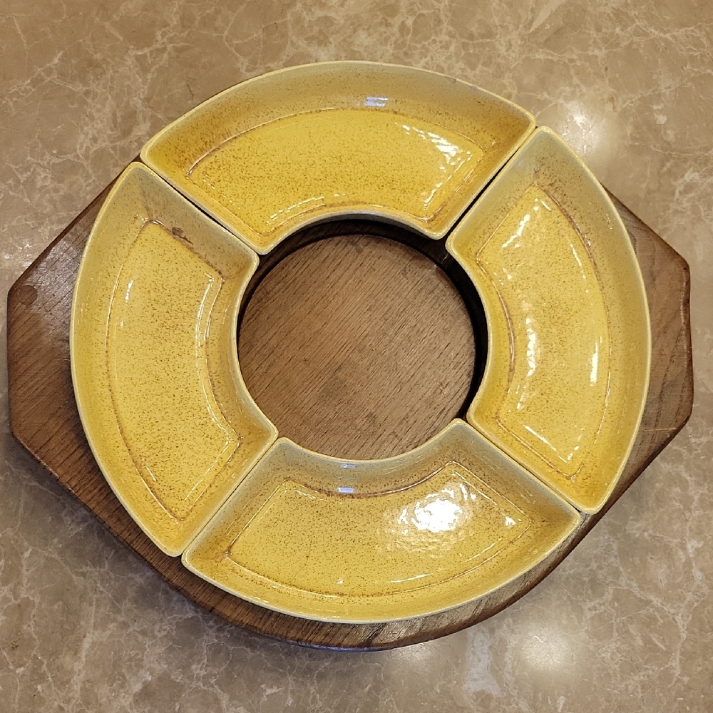 Retro Yellow Ceramic Lazy Susan Serving Platter Set